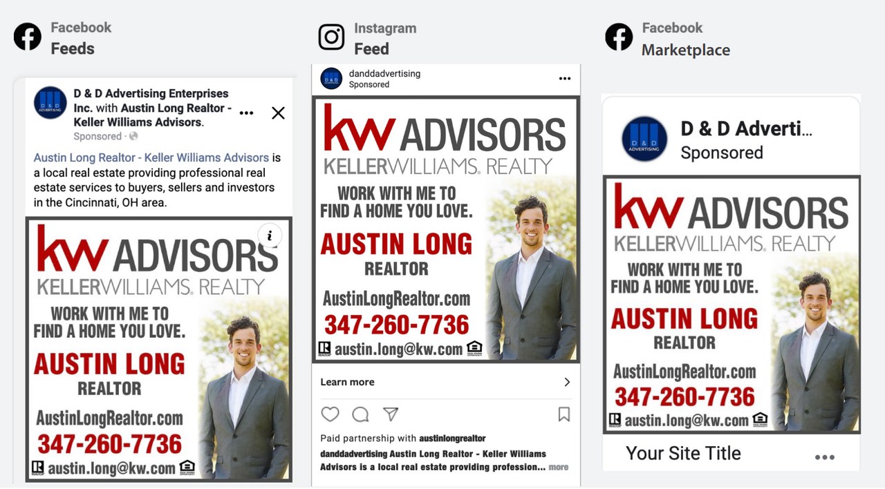 Three mock-ups of a D&D social media package: the same advertiser's ad shown in a Facebook feed, an Instagram feed and Facebook Marketplace