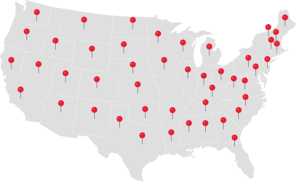 Map of the United States with a pin in each of the metro areas D&D Advertising distributes in